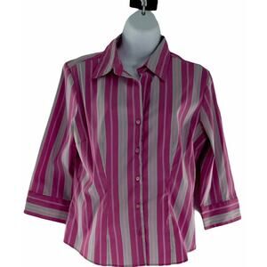 DCC Missy Blouse Women Size Medium Button Front Pink Striped Stretch Career Top